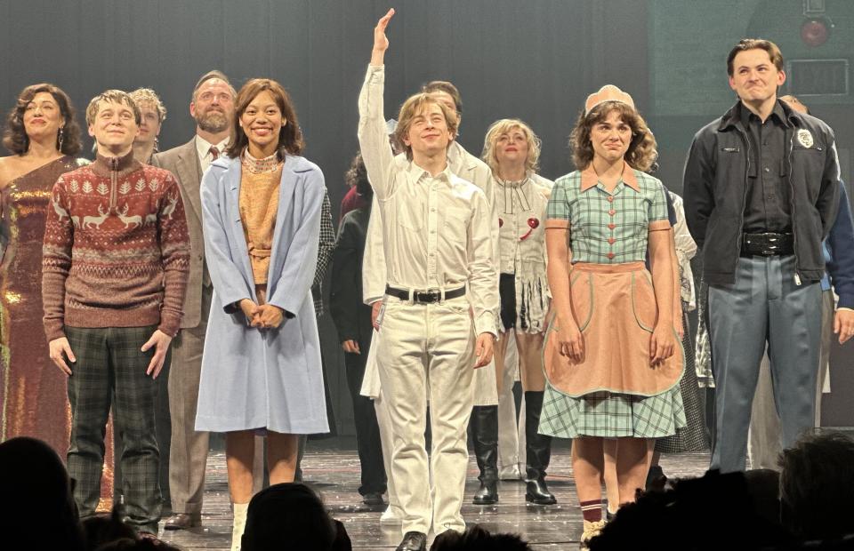 Louis McCartney, in white, onstage with ‘Stranger Things’ castmates (Baz Bamigboye/Deadline)