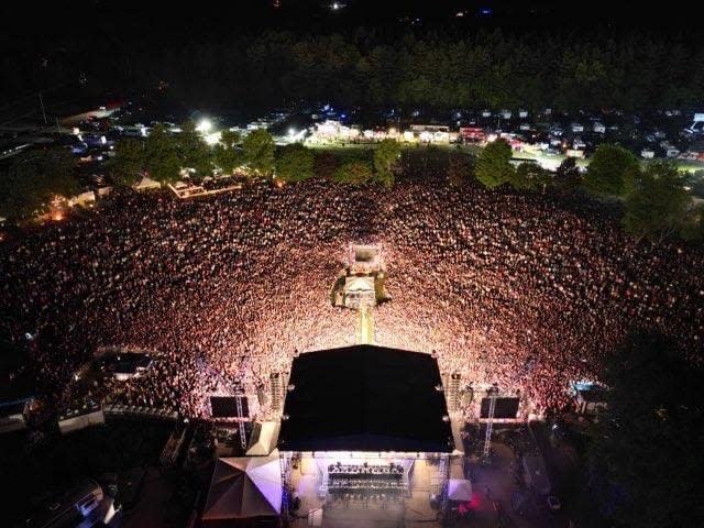 A record crowd of more than 25,000 is shown from overhead at Saturday's Country Fest at Clay's Resort Jellystone Park. Country music sensation Morgan Wallen closed out the four-day event.