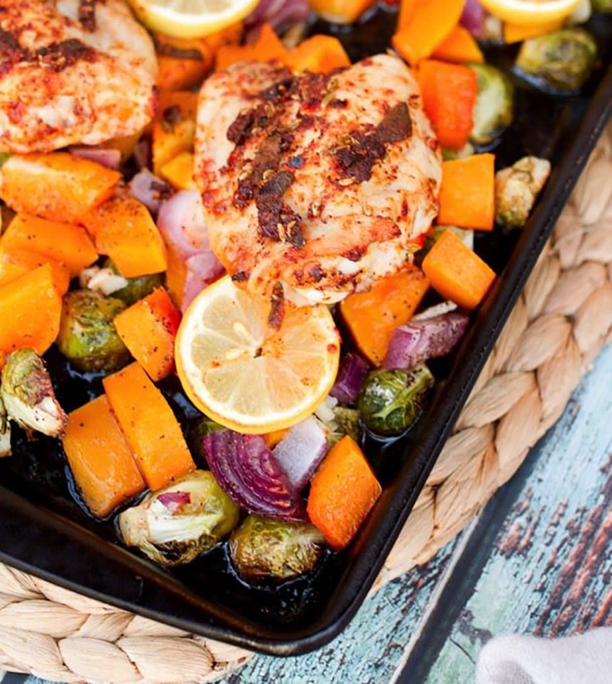 One-Pan Roasted Chicken with Butternut Squash and Brussels Sprouts from Eating Bird Food