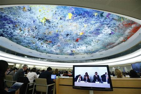 Delegates and representatives listen during the Human Rights Council Universal Periodic Review session of Israel at the European headquarters of the United Nations in Geneva October 29, 2013. REUTERS/Denis Balibouse