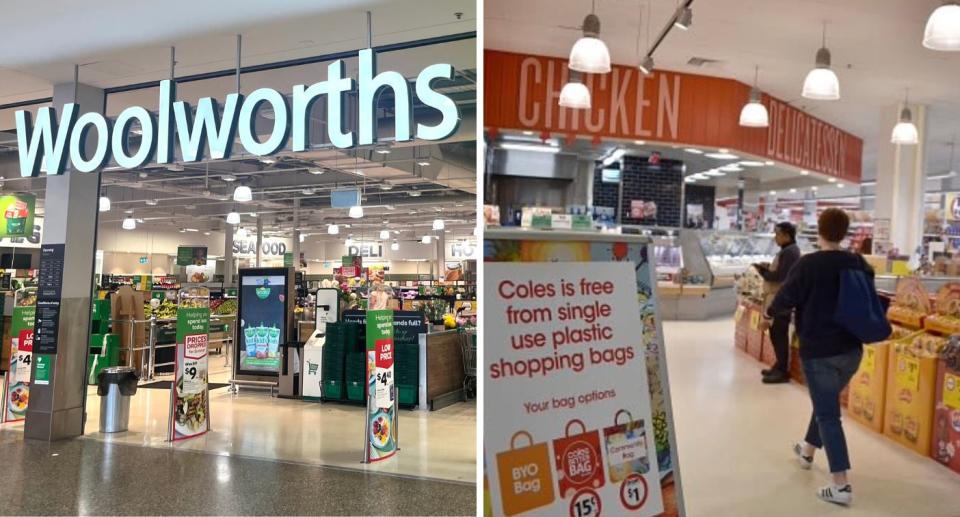 Front of a Woolworths store (left). Deli section in a Coles store (right).