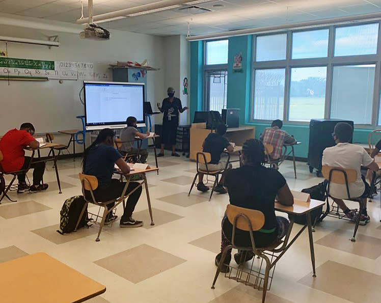 A teacher conducts a class during the first day of summer school in Detroit on July 13, 2020. (@Dr_Vitti via Twitter)