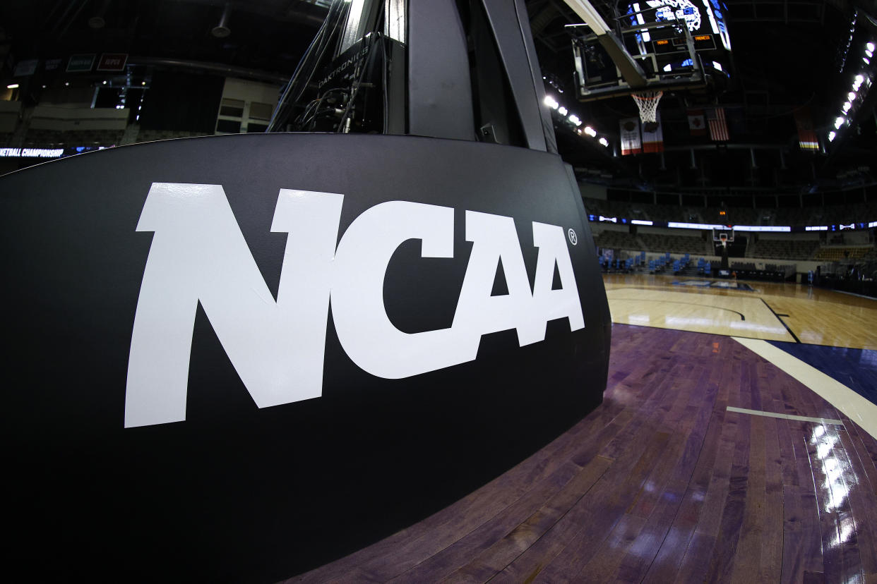 The NCAA logo is seen on the basket stanchion before a game between Oral Roberts and Florida on March 21. (Maddie Meyer/Getty Images)