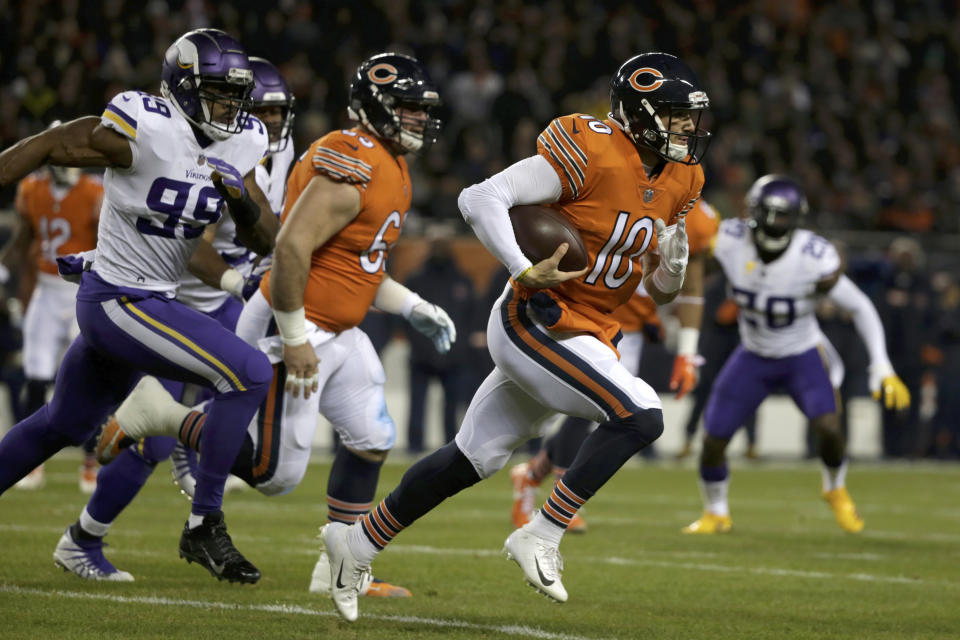 Chicago Bears quarterback Mitchell Trubisky (10) runs against the Vikings on Sunday. (AP)