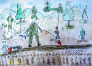 This Tuesday, April 28, 2020 photo shows a drawing made by Tresor Ndizihiwe, 12, during the COVID-19 coronavirus lockdown in Kigali, Rwanda. Tresor's drawing show a future with soldiers shooting civilians who are protesting, he says. He adds dabs of red paint next to one of those who has fallen. “There is blood,” he says, “and some are crying, as you can see.” Rwanda was the first country in Africa to enforce a total lockdown because of the virus. (Tresor Ndizihiwe via AP)