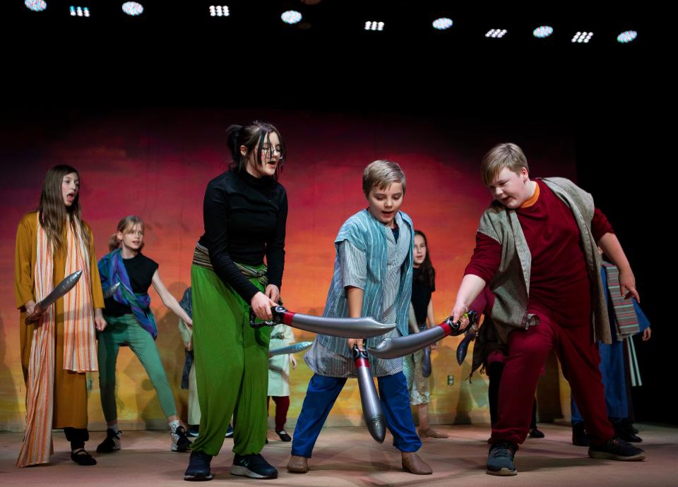 Young actors act out a scene during a dress rehearsal for the play Aladdin Jr. at the Chillicothe Civic Theater on Jan. 17, 2023 in Chillicothe, Ohio. The run dates for the play are Jan. 26 thru 29.