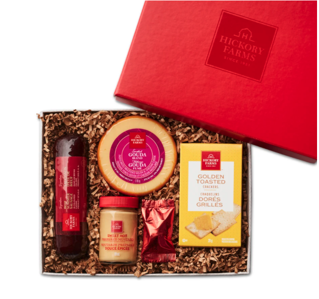 Open box of Hickory Farms Classic Beef & Cheese gift basket