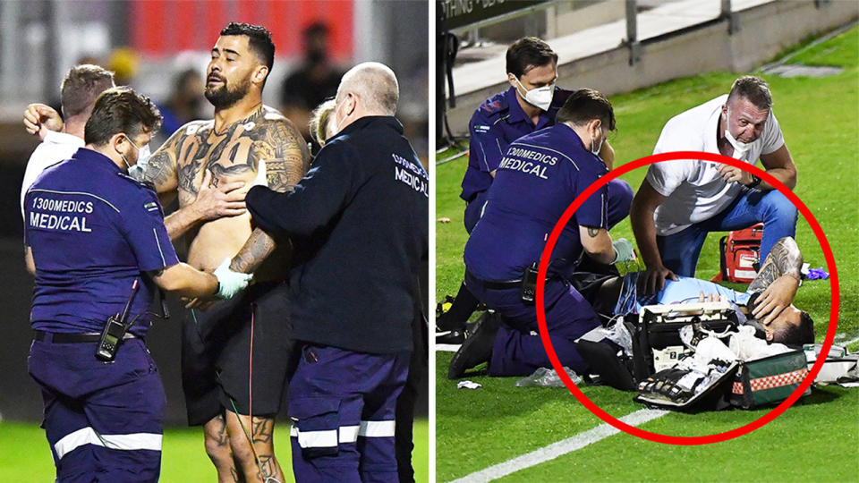 Andrew Fifita (pictured left) struggling to breathe with the medics and (pictured right) being treated on the ground.