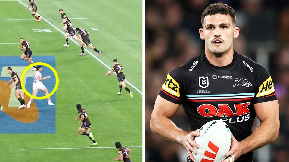 Nathan Cleary kicking the ball and Cleary running.