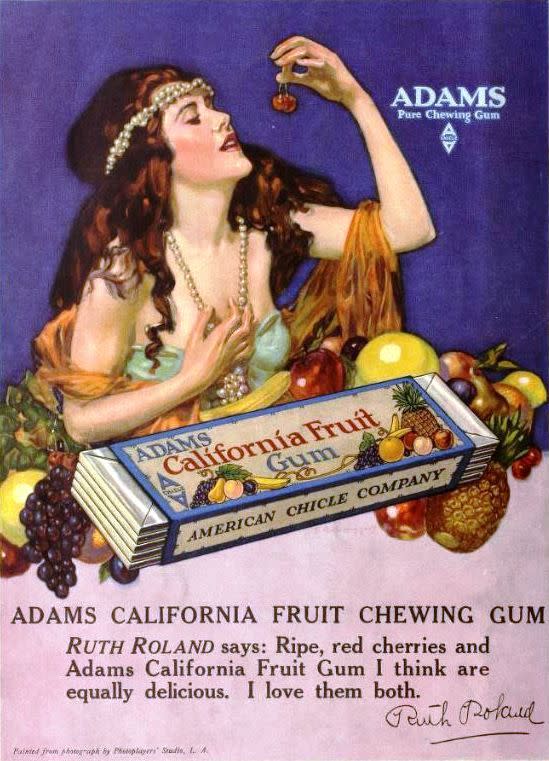 Adams California Fruit Chewing Gum ad painted from a photograph of Ruth Roland, page 84 of the September 1919 Shadowlands.
