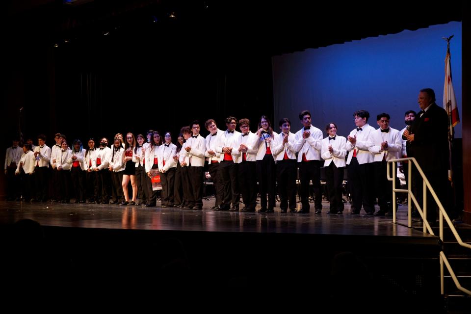 Brian Ingelson, Director of Bands at Palm Springs High School, recognizes the senior class of the Palm Springs Spirit of the Sands Band and Visuals Corps at Richards Center for the Arts in Palm Springs, Calif., on May 18, 2022. Brian and Beverley Ingelson are retiring after 27 years of service at Palm Springs High School. 