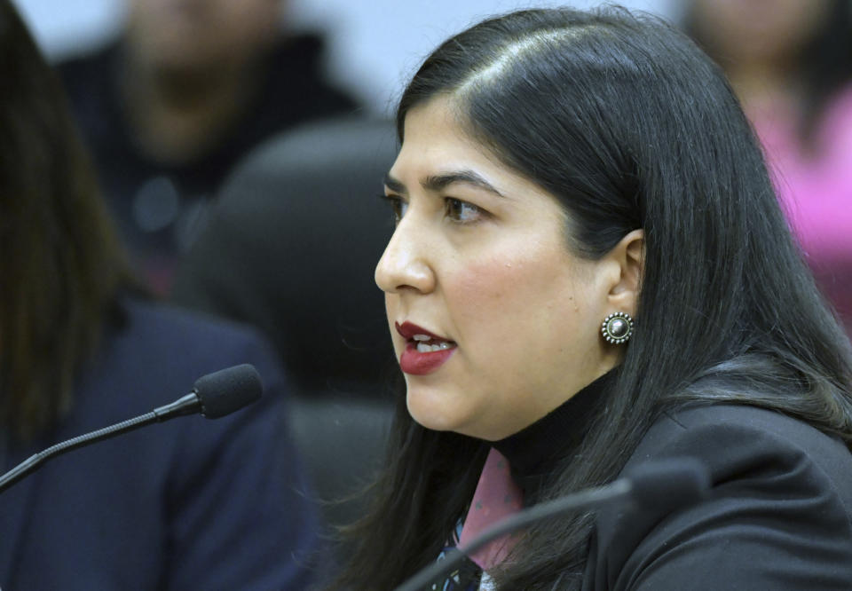 Jacqueline De León, an attorney at Native American Rights Fund, testifies on 4-16-2019 in front of the House Administration Subcommittee on Elections at a field hearing in Fort Yates, N.D., Tuesday, April 16, 2019, related to voting rights and election administration accountability. (Mike McCleary/The Bismarck Tribune via AP)