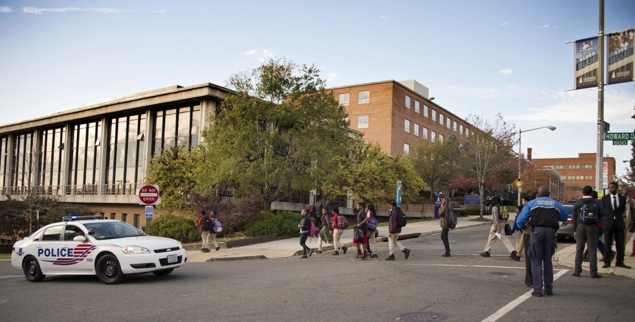 DC Metro Police patrol the front gates of Howard University in Washington, DC, on November 12, 2015: AFP/Getty Images