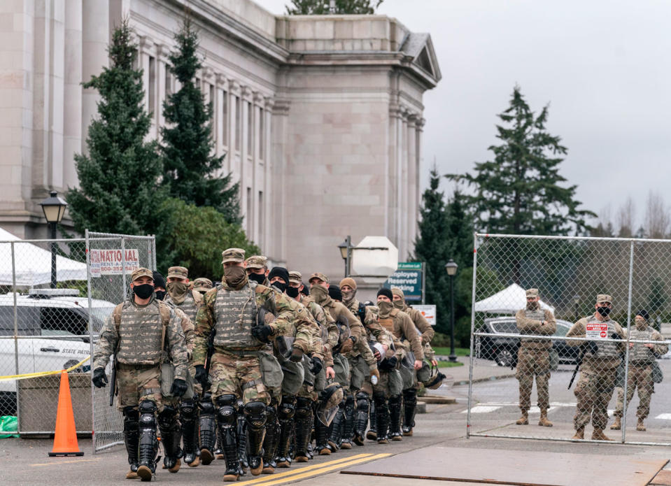 Members of the National Guard pictured outside Washington State Capitol ahead of Joe Biden's inauguration 
