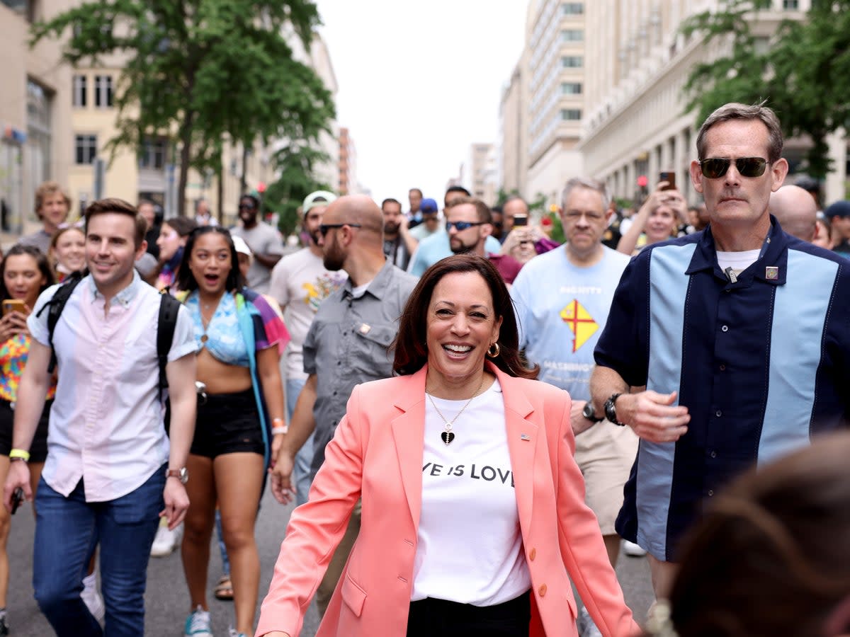 Vice President Kamala Harris joins marchers for the Capital Pride Parade on June 12, 2021 in Washington, DC. Capital Pride returned to Washington DC, after being canceled last year due to the Covid-19 pandemic (Getty Images)