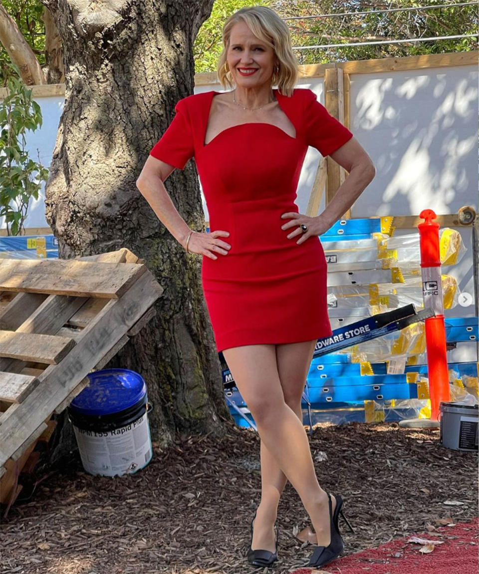 Shaynna Blaze in a red dress on The Block