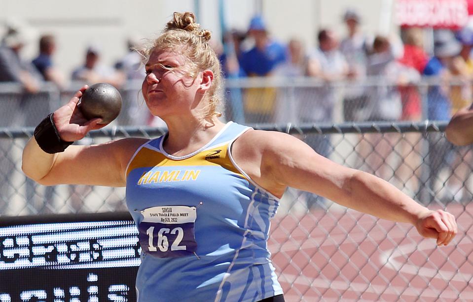 Hamlin High School senior Gracelyn Leiseth is the all-time state record holder in the girls' shot put with a toss of 52 feet, 6.75 inches in last year's state meet. She opened her 2023 season with a winning toss of 52-6.5 in the Dan Lennon Class B Indoor Invite in DakotaDome on Tuesday, March 28, 2023.