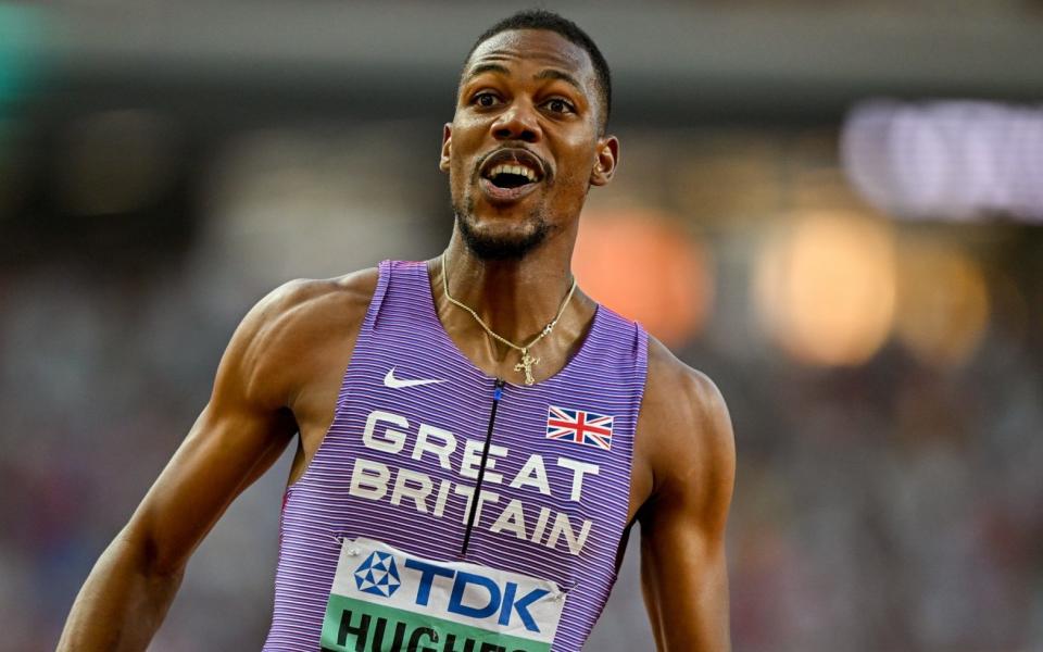 Great Britain's Zharnel Hughes celebrates winning the bronze medal in the men's 100 meters final at the 2023 World Athletics Championships in Budapest