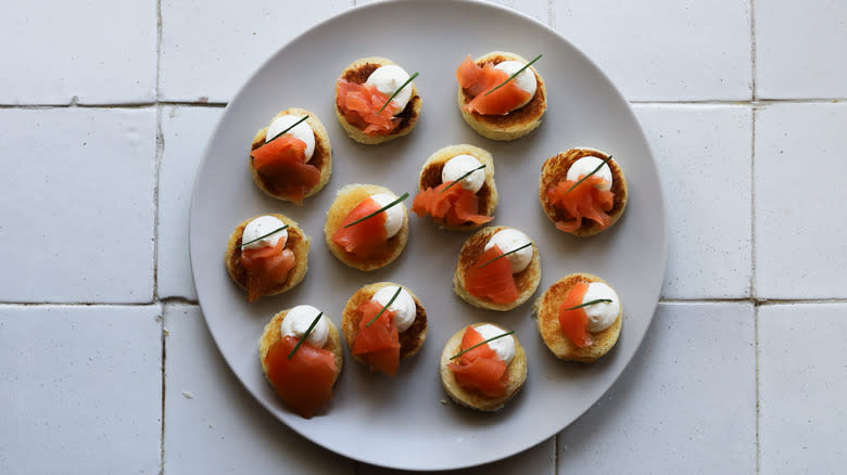 Smoked salmon bites appetizer on plate