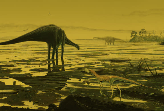 An illustration of the long-necked sauropod dinosaurs that may have left their tracks in a Scottish lagoon about 170 million years ago.