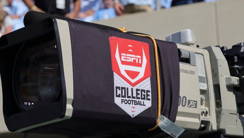 An ESPN logo appears on a camera before an NCAA college football game. Here's what you need to know to watch the Utes on TV and streaming the season.