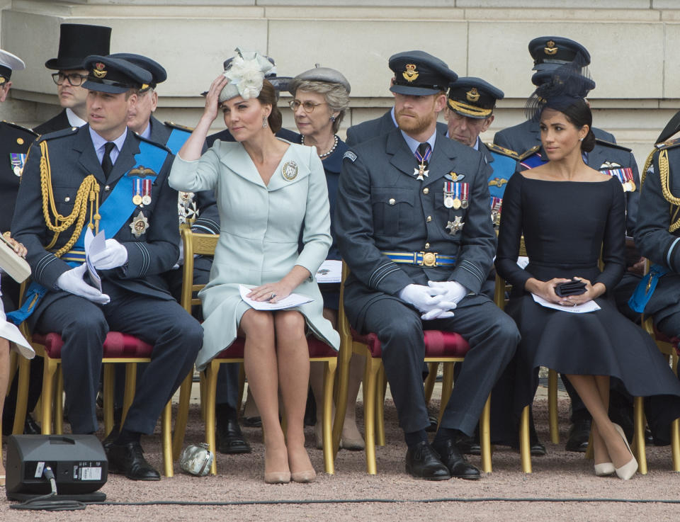 Meghan Markle can be seen in the video above crossing her legs. The Duchess of Cambridge does her usual ‘Duchess slant’. Photo: Getty Images