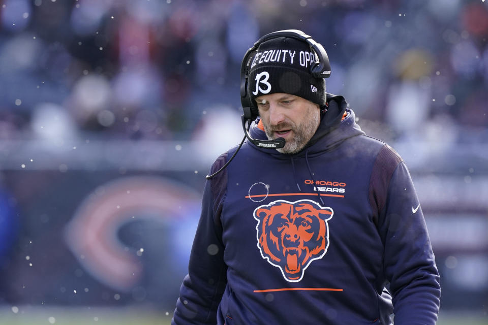 FILE - Chicago Bears head coach Matt Nagy walks the sideline during the first half of an NFL football game against the New York Giants Sunday, Jan. 2, 2022, in Chicago. The Chicago Bears decided to make sweeping changes and fired general manager Ryan Pace and coach Matt Nagy on Monday, hoping new leadership in the front office and on the sideline will lift a struggling franchise. (AP Photo/Nam Y. Huh, File)