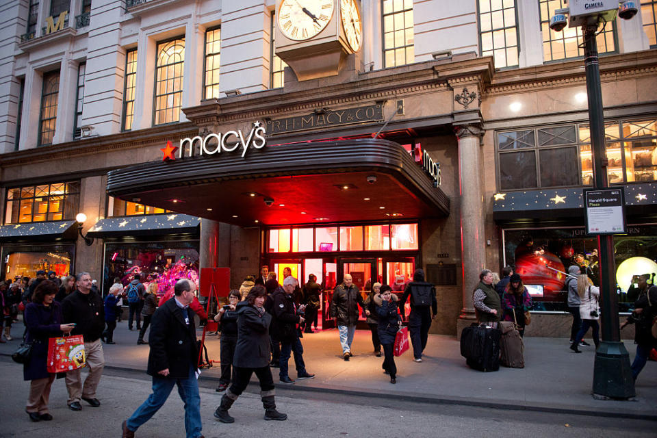 View of the holiday shopping windows at a Macy's department store on in New York City.