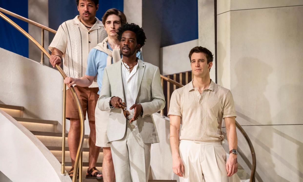 <span>High-quality frivolousness … Abiola Owokoniran as Ferdinand (centre) and Luke Thompson as Berowne (right) in Love’s Labour’s Lost at the Royal Shakespeare theatre.</span><span>Photograph: Johan Persson</span>