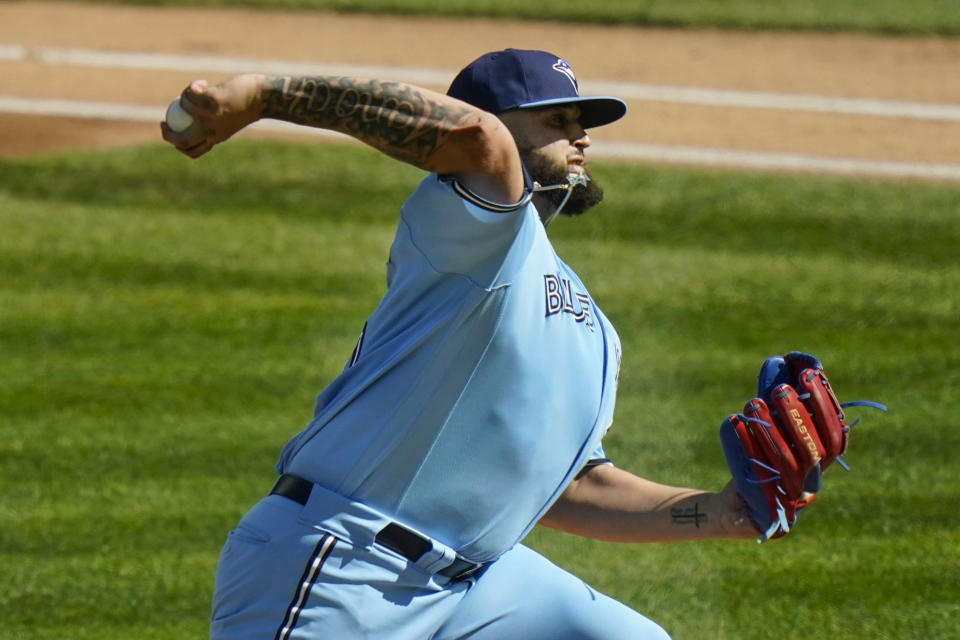 Toronto Blue Jays Alek Manoah delivers a pitch during the first inning of the first game of a baseball doubleheader against the New York Yankees Thursday, May 27, 2021, in New York. (AP Photo/Frank Franklin II)