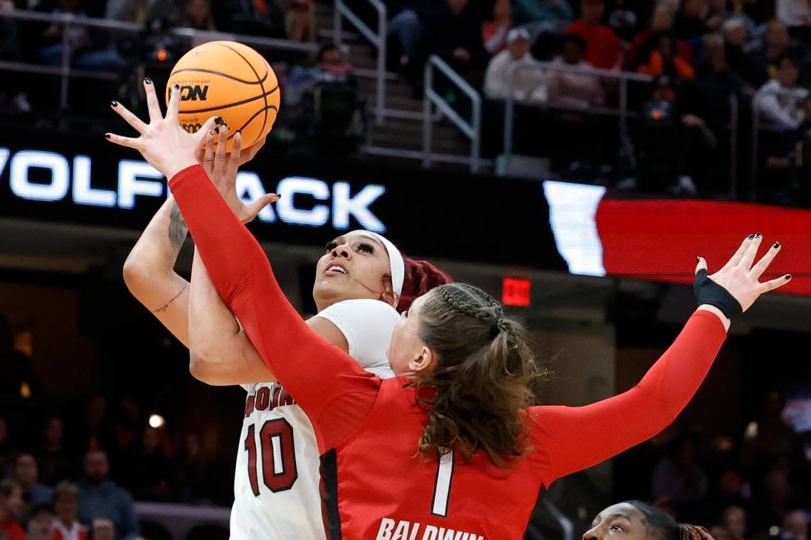South Carolina’s Kamilla Cardoso (10) shoots as NC State’s River Baldwin (1) defends during the Final Four game at Mortgage FieldHouse in Cleveland, Ohio on Friday April 5, 2024.