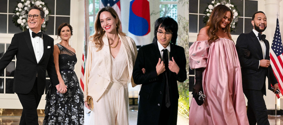 From left to right: Stephen Colbert and Evelyn McGee-Colbert attend the France state dinner in 2022; Angelina Jolie and son Maddox Jolie-Pitt attend the South Korea state dinner in 2023; Chrissy Teigen and husband John Legend attend the France state dinner in 2022.