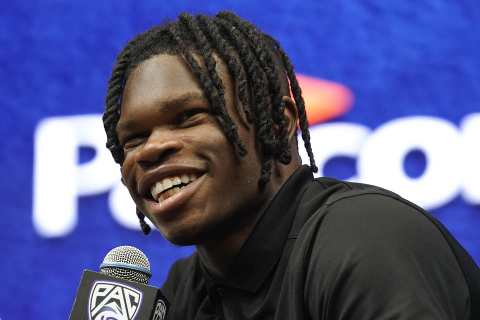 FILE - Colorado cornerback/wide receiver Travis Hunter speaks at an NCAA college football Pac-12 media day Friday, July 21, 2023, in Las Vegas. Colorado opens their season at TCU on Sept. 2. (AP Photo/Lucas Peltier, File)