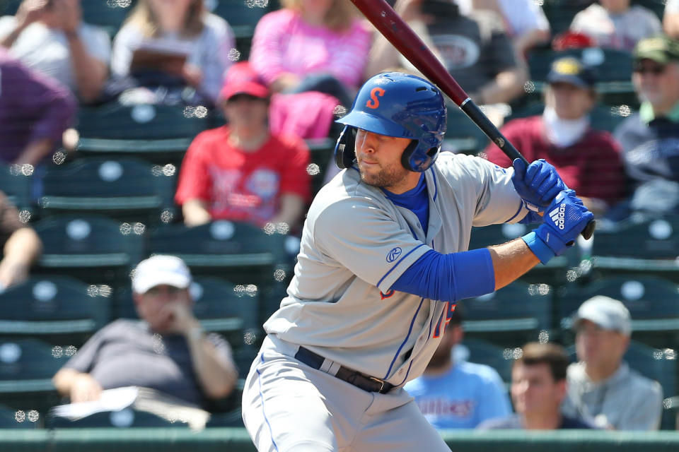 ALLENTOWN, PA - MAY 02: Tim Tebow #15 of the Syracuse Mets in action during a AAA minor league baseball game against the Lehigh Valley Iron Pigs on May 1, 2019 at Coca Cola Park in Allentown, Pennsylvania. (Photo by Rich Schultz/Getty Images)