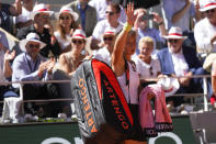 Russia's Daria Kasatkina leaves after losing her semifinal match against Poland's Iga Swiatek in two sets at the French Open tennis tournament in Roland Garros stadium in Paris, France, Thursday, June 2, 2022. (AP Photo/Michel Euler)