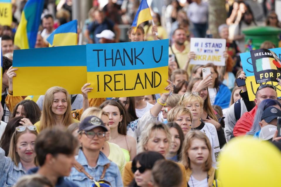 People gather for a Ukraine independence rally in Dublin last week (Brian Lawless/PA) (PA Wire)