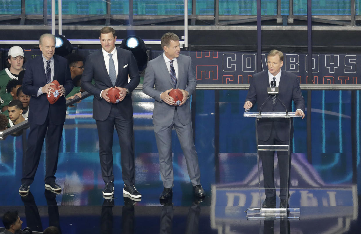 Roger Staubach, Jason Witten and Troy Aikman couldn’t save Roger Goodell from the boo birds in Dallas. (AP)