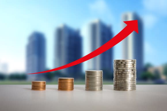 Four stacks of coins arranged from shortest to tallest, with high-rises in the background also increasing in size.