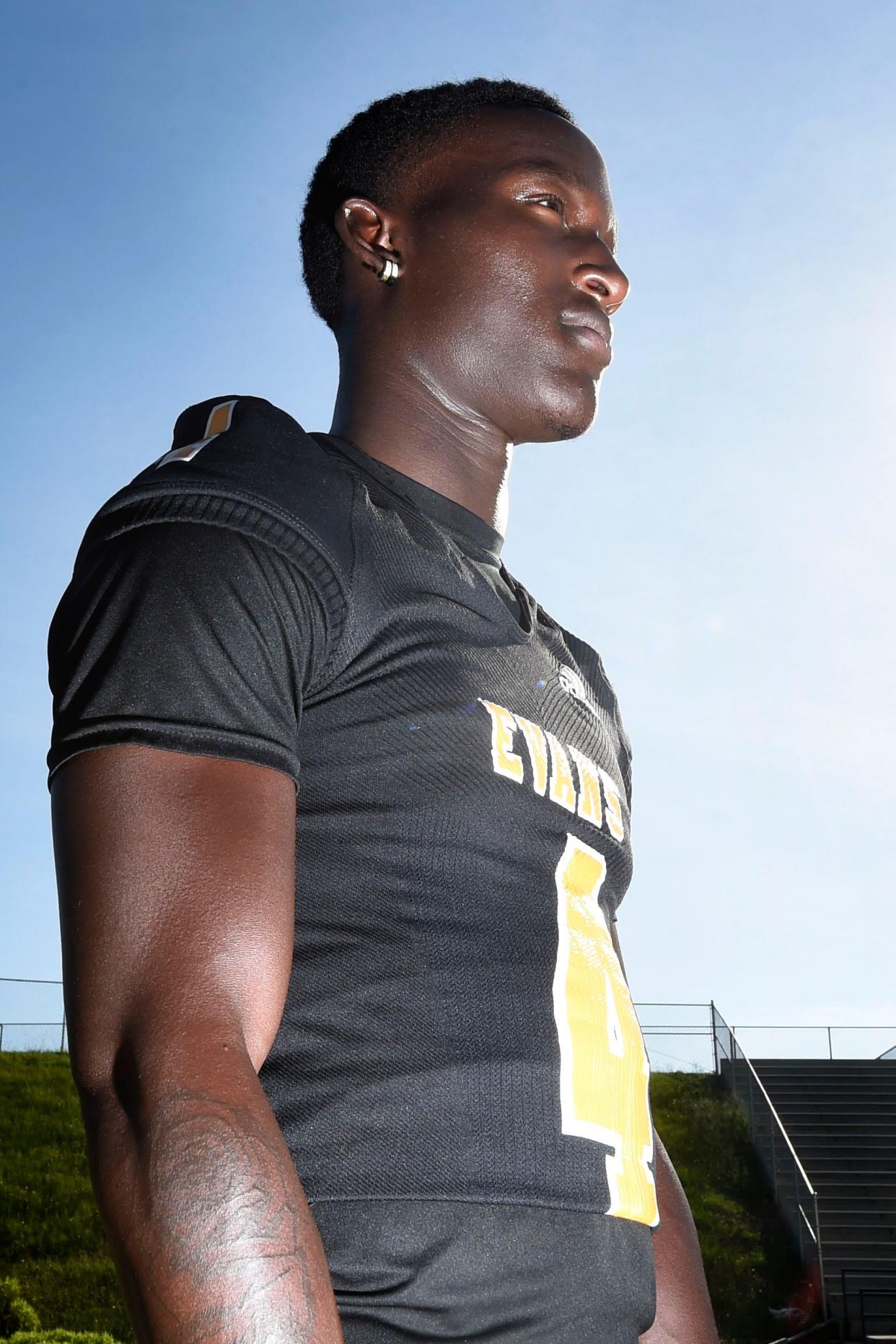 Evans wide receiver KD Dorsey poses for a photo at the school's football stadium on Tuesday, July 26, 2022.