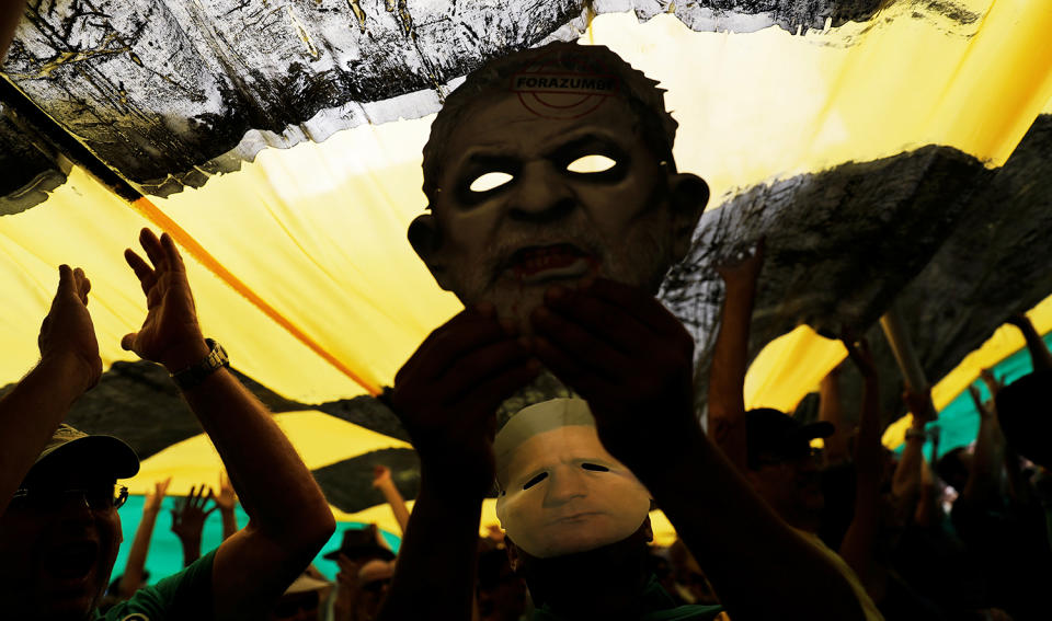 A demonstrator takes part in a protest in Sao Paulo