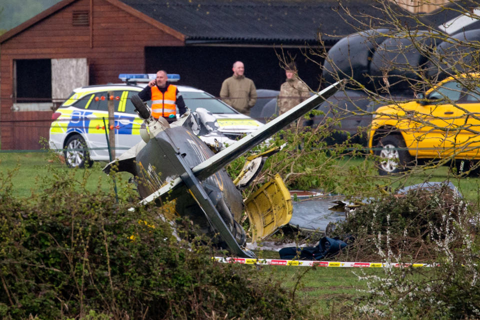 The scene in Limington, Somerset where a plane has crashed in to a field. 28 April 2021.  See SWNS story SWBRplane.  Emergency services have rushed to a field after a heritage WW2 plane crashed.  At least two police vehicles, two ambulances and two fire engines have been called to Limington, Somerset, this afternoon (April 28).  Pictures from the scene show a Hawker Sea Fury aircraft's propeller separated from the wreckage in a field near Church Street.  The crash site is within a mile of Royal Naval Air Station Yeovilton, on Heathcote Road.   The Navy Wings charity, which flies historic warbirds, has posted on its Facebook page: 