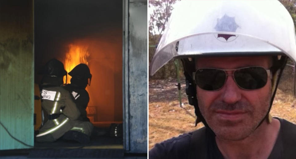 Left, Troy in uniform battling a fire. Right, Troy in his helmet wearing sunglasses at a fire.