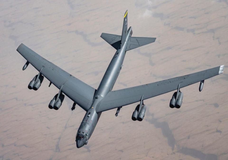 An older picture of a B-52 with just one white wing tip. <em>USAF</em>