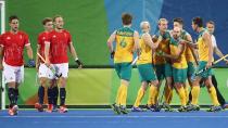 The Kookaburras celebrate after a goal in their 2-1 victory over Great Britain.