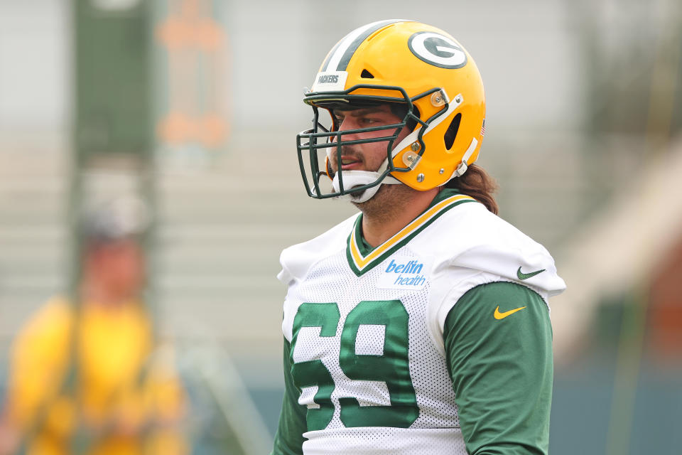 ASHWAUBENON, WISCONSIN – MAY 31: David Bakhtiari #69 of the Green Bay Packers participates in an OTA practice session at Don Hutson Center on May 31, 2023 in Ashwaubenon, Wisconsin. (Photo by Stacy Revere/Getty Images)