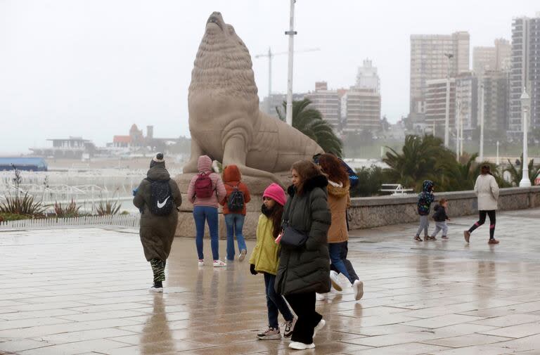 Lejos de la temperatura primaveral del último fin de semana, hoy los turistas desafiaron la lluvia para disfrutar de la rambla marplatense