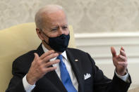 President Joe Biden speaks during a meeting about cancer in the Oval Office of the White House, Wednesday, March 3, 2021, in Washington. (AP Photo/Alex Brandon)