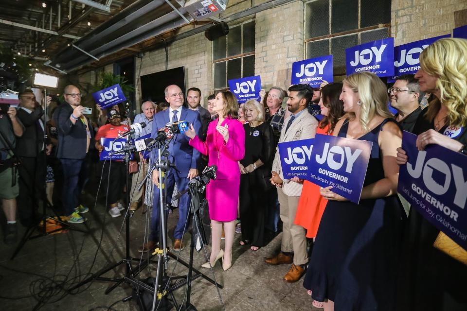 Superintendent Joy Hofmeister, Democratic candidate for governor, talks to the media on June 28, 2022, at her primary election watch party in Oklahoma City.