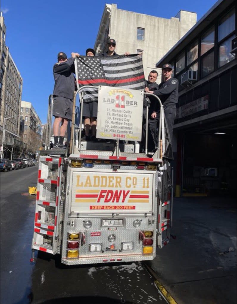 Firefighters at Ladder Company 11 in Manhattan proudly display “red line” flag honoring deceased 9/11 heroes. X @DC_Draino