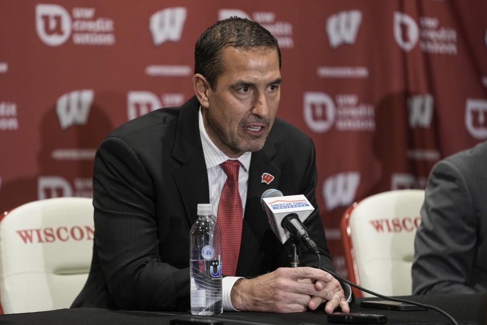 Luke Fickell speaks after being introduced as Wisconsin's new head football coach Monday, Nov. 28, 2022, in Madison, Wis. (AP Photo/Morry Gash)